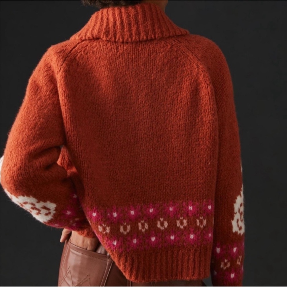 Anthropologie Maeve Rust Orange Knit Cardigan with Swans - Picture 2 of 6